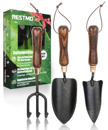 RESTMO 3-teiliges Gartengeräte-Set, Gartenwerkzeuge aus Kohlenstoffstahl | Ergonomischer Holzgriff, inkl. Gartenschaufel, Pflanzkelle & Gartenkralle, robust & langlebig, Ein Geschenk für Liebhaber