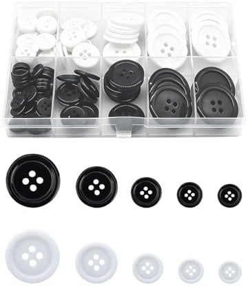 Sekfpnk Pack of 100 Stück Rund Basis Knopfe, Harz Knöpfe, Runden 4-Loch-Knöpfen aus Harz, Mit Aufbewahrungsbox, Geeignet zum Nähen, Ausbessern und Reparieren Von Kleidung (Schwarz/Weiß)