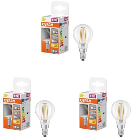 Osram LED-Lampe Star Globe P40 Filament, 2700 K warmweiß, 3,4 W, E14, klar, 470 lm, für Tisch- und Pendelleuchten, Wohnraum, 15.000h (Packung mit 3)