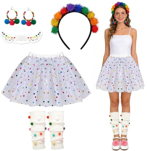 ZXTGBQ 7PCS Konfetti Kostüm Damen Set, Karneval Kostüm Damen mit Tüllrocks, Tüllrock, Haarreif Mit Pompoms Bunt, Aufkleber, Pompon Ohrringe, Konfetti im Herzen Tüllrock Fasching Karneval Kostüm Set