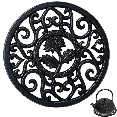 Vintage Cast Iron Trivet with Pegs, 12cm Round Metal Hot Plate Holder - Rustproof Stand for Pots, Pans & Teapots, Retro Kitchen Countertop Protector (Black, 1 Pack)