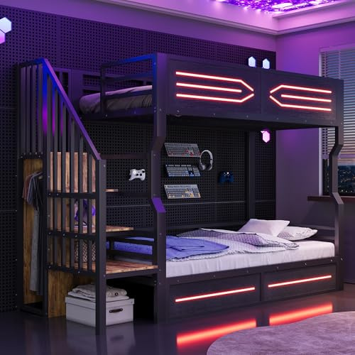 Kinderbett Etagenbett 90×200, Hochbett Metallbett mit LED-Beleuchtung, Kleiderschrank und Aufbewahrungsleiter, Einzelbett Stockbett Jugendbett Funktionsbett mit Rausfallschutz, Ohne Matratze, Schwarz