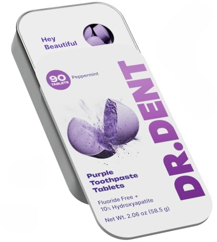 DR.DENT Purple Toothpaste Tablets with 10% Hydroxyapatite, Pap & Xylitol, Color-Correcting *Whitening Formula, Fluoride-Free, SLS-Free, Vegan, 45-Day Supply (90 Chewable Tablets)