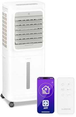 KLARSTEIN Rafraichisseur d’Air, Refroidisseur d’Air Mobile, 10L, Télécommande & App, Ventilateur Climatiseur, Chambre 30m², Minuterie, Nuit, White