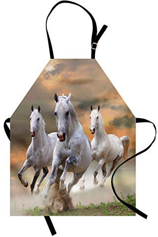 ABAKUHAUS Pferde Kochschürze, mystischer Himmel, Unisex-Küchenlätzchen mit verstellbarem Hals für Kochen Gartenarbeit, 67 cm x 80cm, weiß orange