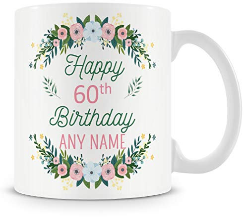 60th Birthday Gift for Women - Birthday Flowers Design Personalised Mug/Cup - Add Name