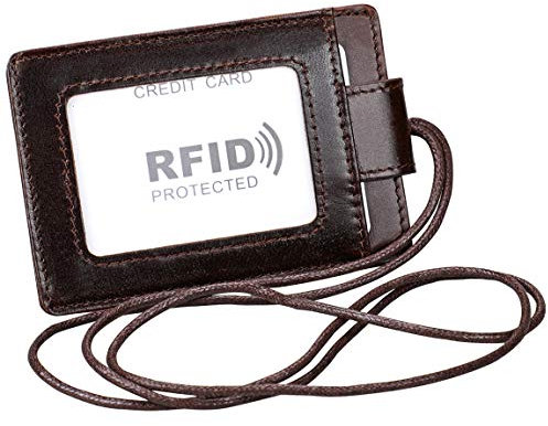 Aileder ID Badge Holder Portafoglio verticale porta carte di credito in vera pelle con cordino da collo