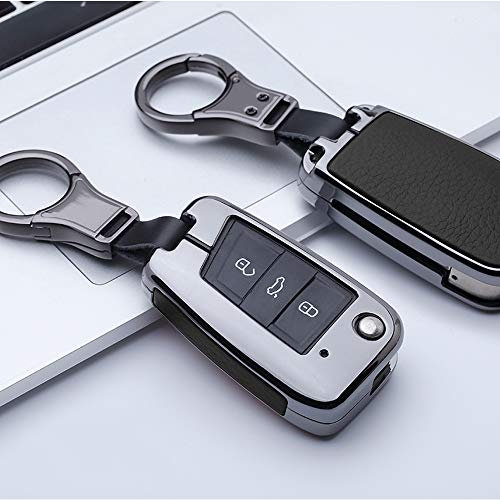 ontto Autoschlüssel Hülle für VW Golf 7 MK7 Polo T-ROC Tiguan Skoda Superb Octavia Seat Leon Ibiza Fernbedienung Cover Zinklegierung Schlüsselhülle Schlüsselanhänger Schlüssel Schutz Etui-Schwarz