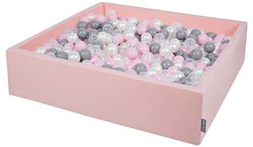 KiddyMoon Quadrat Bällebad Bällepool 120X30cm/200 Bälle ∅ 7Cm Eckig Ballgruben Für Babys Spielbad Kleinkinder, Hergestellt In Der EU, Rosa:Perle-Grau-Transparent-Puderrosa