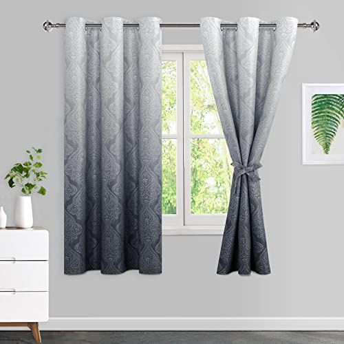 JIUZHEN Graue Ombré-Verdunkelungsvorhänge für Schlafzimmer, Damast-Muster, wärmeisoliert, geräuschreduzierend, Ösenvorhänge mit Raffhaltern, 106,7 x 160,9 cm, 2 Stück