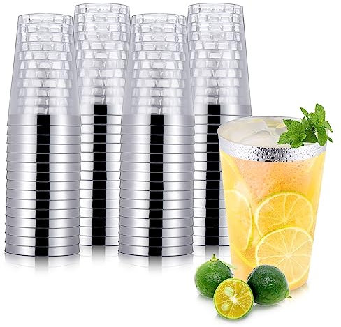 Hejo 60 PCS Verres en Plastique Bordés d' Argenté, Gobelet Plastique Reutilisable 360 ml-12oz, Verres à Vin en Plastique Réutilisables pour les Cocktails, le Champagne, la Bière, le Martini