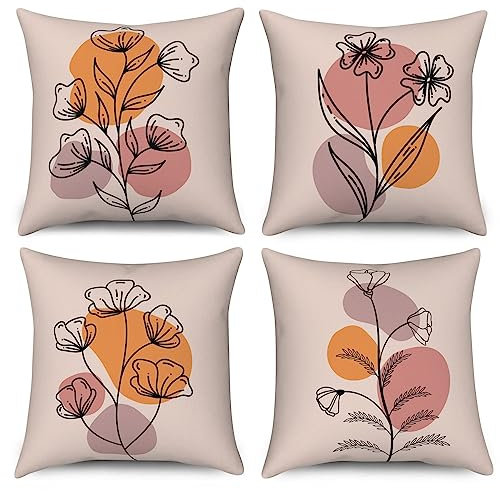 ASDCXZ Boho Kissenbezug 40x40 cm 4er Set, Abstrakt Boho Style Blume Blätter Rose Sofa Kissen Bezug Dekokissen Kissenbezüge Kissenhülle Waschbar Polyester Flachs Textil Polster Kopfkissenbezug