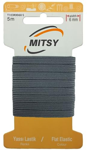 MITSY Reißfeste Gummiband Gummibänder zum Nähen Breit 6 mm 5 m Grau Stark Gummilitze für Hosengummi Haushalt DIY Handwerk Stoffe zum Nahen