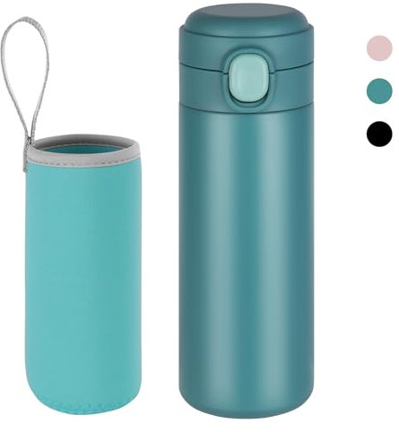 Flintronic Gourde Isotherme, 450ML Bouteille Isotherme en Acier Inoxydable, Gourde Inox, Mug Isotherme Etanche, Bouteille D'eau Lsotherme, Bouteille Lsotherme En Acier Lnoxydable, Tasse De Voyage