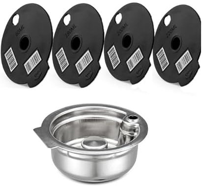 ACTIVPRO Reusable Coffee Capsule Set, Compatible with Bosch Tassimo Machines, 4 Silicone Lids with Filters 60/180/200/220ml, Refillable, Durable Coffee Pod, Complete Kit (Stainless Steel)