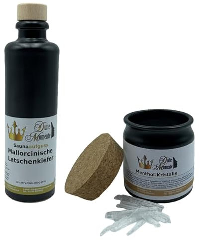 200ml Sauna Aufguss Konzentrat Latschenkiefer in edler Flasche aus Steinzeug + 50g Menthol Kristalle im Keramiktopf - eine edle Geschenkidee von Dufte Momente
