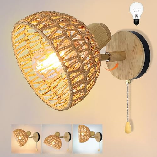Vintage Dimmbar Wandlampe mit Schalter Bambus Rattan Verstellbare Wandleuchte Retro Hanfseil Lampenschirm E27 Boho Nachttischlampe Holz Wandbeleuchtung für Schlafzimmer Wohnzimmer Esszimmer Flurlampe