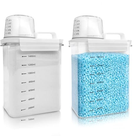 Cbilzxer Waschpulver Aufbewahrungsbox, 2 Stück 1800ML Waschmittel Spender, Mit Messbecher Waschpulver, PET Kunststoff Klar, BPA-frei, mehrzweck-waschpulver-spender für Waschmittel (1800ml*2)