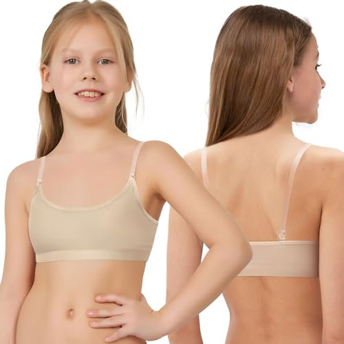 iMuchic Tanz-BH mit transparenten Trägern für Mädchen, 8–16 Jahre, Training, Ballett, Gymnastik, Sport, nahtloser Bralette mit Silikonüberzügen, Beige, Groß