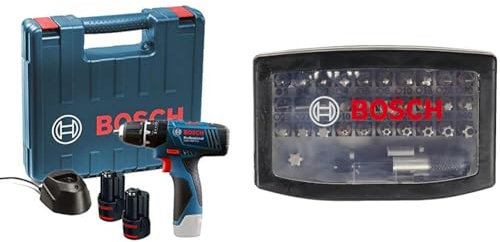 Bosch Professional 12V System Cordless Combi Drill GSB 120-LI (incl 2 x 1.5 Ah Battery, Charger GAL 1210 CV, Carrying Case) + 32 pcs. Screwdriver Bit Set Extra Hard (PH-, PZ-, Hex-, T-, TH-, S-Bit)