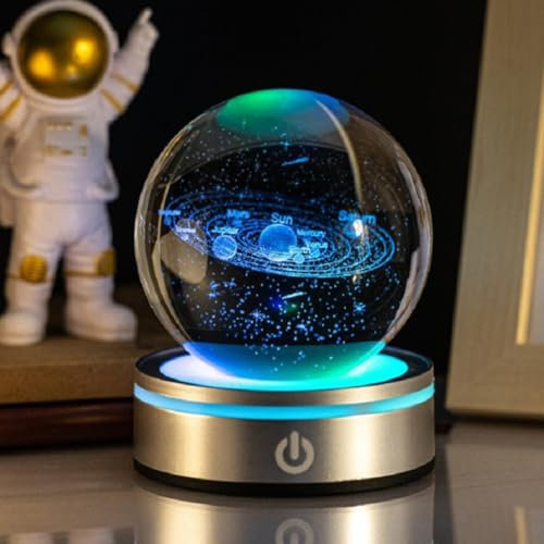 Starnearby 3D Kristallkugel Nachtlicht, Batterie/USB 3D Sonnensystem Planeten Lampe, 60mm Glaskugel Lampe mit Sockel, 7 Farben Touch Leuchtender 3D Kugel Astronomie Geschenk (Sonnensystem Lampe)