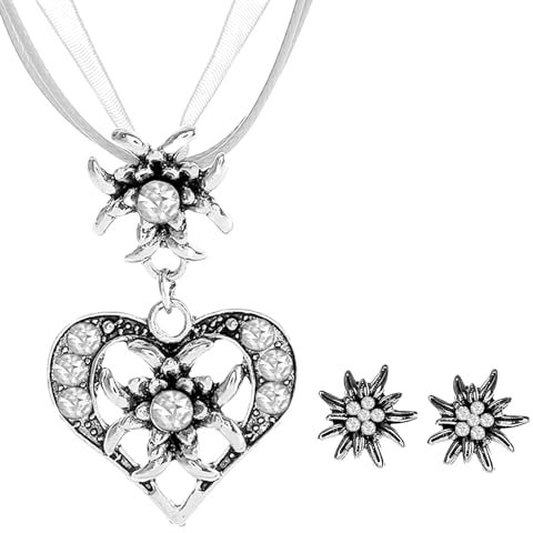 APMGONT 3 Stück Bayerisch Dirndlschmuck Set für Damen, Trachtenkette mit Strass Edelweiß Herz Anhänger Edelweiß Ohrstecker Trachtenschmuck Set für Oktoberfest Bierfest Dirndl (Weiß)
