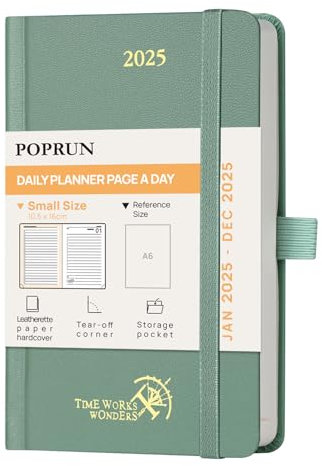 POPRUN Kalender 2025 Tagesplaner Hardcover 16 x 10,5 cm, Tageskalender A6 1 Tag 1 Seite (Montag - Sonntag), Terminplaner (Jan.2025-Dez.2025) mit Stiftschlaufe - Mitternachtsgrün