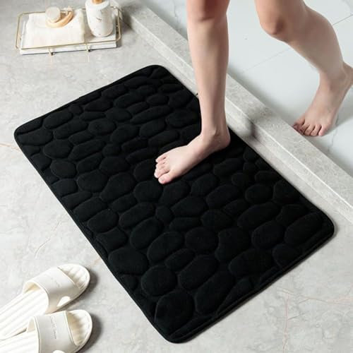 Tapis antidérapant en forme de galets pour salle de bain, tapis doux en mousse à mémoire de forme, absorbant l'eau (noir)