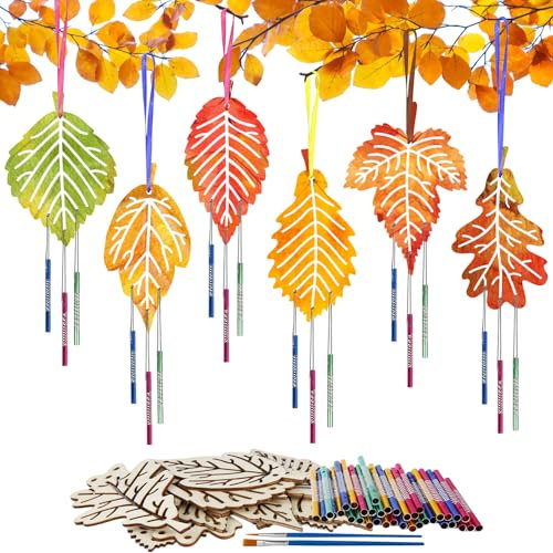 HONMOK 12 Stück Herbst Windspiel Bastelset Holz Blätter Basteln Kinder Herbstblatt Klangspiel Bastelhandwerk Herbst Kreativsets zum Bemalen Geschenk für Jungen Mädchen Herbstdeko