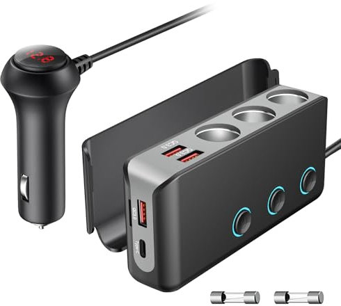 OOWOLF Caricatore accendisigari QC 3.0 140W 12V/24V,Accendisigari usb Interruttore di alimentazione caricabatterie per auto,3 DC socket splitter 4 porte USB distributore auto per smartphone,tablet,GPS