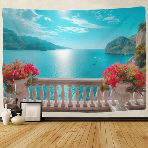 Tizhweqo Wandteppich 3D Meerblick, Wandbehang Terrasse, Wandtuch Meerblick Tapisserie Tapestry für Schlafzimmer Wohnzimmer Wohnheim Deko 200x200 cm B-C509