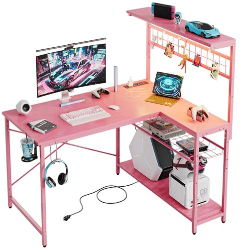 Bestier L-Shaped Gaming Desk with Power Outlets, LED Workstation with 4 Tiers Shelves for Home Office, Gamer Reversible Table with Hooks and Cup (PDCF, 106cm)