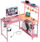 Bestier L-Shaped Gaming Desk with Power Outlets, LED Workstation with 4 Tiers Shelves for Home Office, Gamer Reversible Table with Hooks and Cup (PDCF, 106cm)