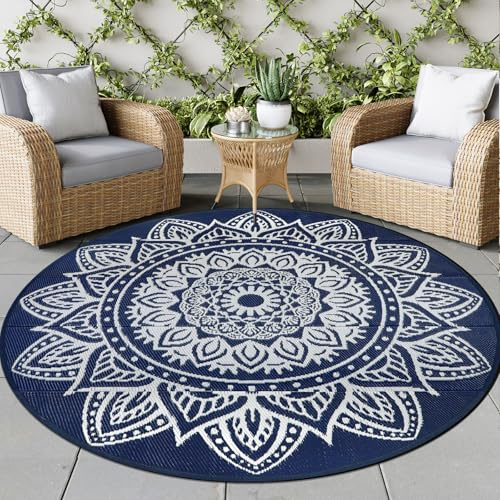 famibay Runder Outdoor-Teppich, Boho-Stil, rund, Terrassenteppich, wasserdichter Kunststoff, Outdoor-Teppich für Terrasse, Allwetter, Camping, Wohnmobil-Matten für draußen, leicht, UV-beständig,