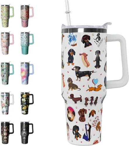 Dachshund Tumbler Wiener Dog Gifts Cute Dog Tumbler 40 oz Dachshund for Women Cups Coffee Travel Mug with Handle Leak Proof Insulated Wiener Lovers Decor Stuff