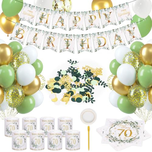 Kaluofan 70. Geburtstag Deko Set, Servietten, Windlichter, Konfetti, Luftballons, Banner - Eukalyptus Stil, Grün, Weiß, Gold