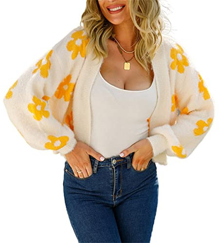 HEYPORK Damen Herbst Winter Warm Bequem Strickjacke Casual Mode Strickpullover Frauen Herbst Strickjacke StraßE Hipster Kurz Gestrickt Blumen Pullover(A Weiß, M)