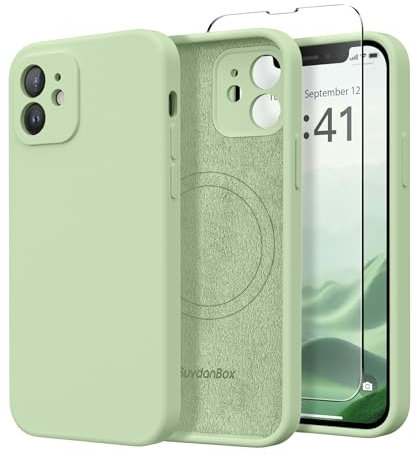 SuydanBox Magnetische Hülle für iPhone 12, kompatibel mit MagSafe, [Vollständiger Kameraschutz] [Displayschutzfolie] Stoßfeste Silikon-Schutzhülle für iPhone 12 6,1 Zoll, Matcha