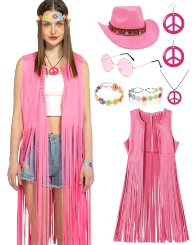 kasahara Costume hippie pour femme - Ensemble de 7 pièces - Costume hippie - Gilet à pompon - Tenue des années 70 - Chapeau de cowboy - Halloween - Fête à thème - Costume de carnaval (rose, XS)