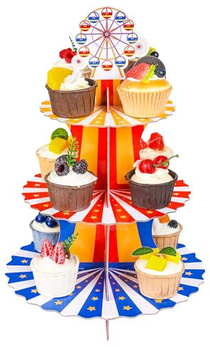 Grünara Karneval Deko Cupcake Ständer – 3-stufige Karneval Zirkus Cupcake Etagere, Pappständer für Muffins & Desserts, Fasching Party Deko, Geburtstagsfeier, Zirkus Mottoparty, Wiederverwendbar