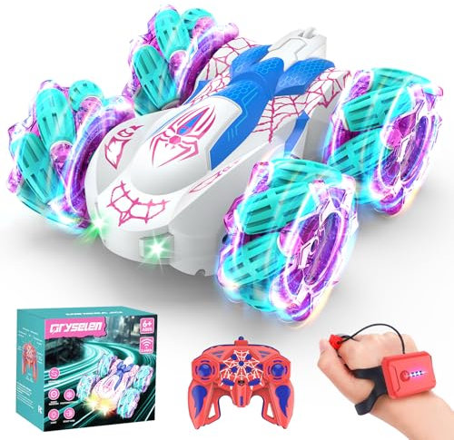 Qryselen Ferngesteuertes Auto, 2,4 GHz, RC-Autos mit LED-Leuchten, doppelseitiges Offroad-360°-Rollen, wiederaufladbares 4WD-RC-Stunt-Auto, Indoor-Outdoor-Spielzeug für Kinder von 6–13 Jahren (Rosa)