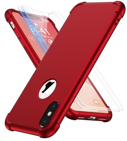 ORETECH für iPhone X Hülle, mit 2 Stück Schutzfolie, 360 Grad Ganzkörper Stoßfest Kratzfest Silikon Handyhülle für iPhone X/Xs 5,8 Zoll, Rot