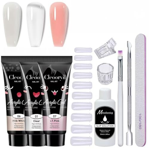 Poly Gel Nail Kit,3 Colors Clear White Pink Builder Nail Extension Gel,35ML Slip Solution ,Nail Extension Kit,DIY for Beginners Gifts Set for Women