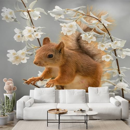 Selbstklebende Tapete Eichhörnchen Blumen Wandbilder, Vlies Fototapete mit Aquarell Motiv, 3D Effekt Wandtapete Deko, Abziehen & Aufkleben, 200x140 cm - S-972
