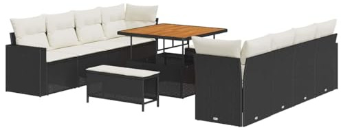 vidaXL 11-teiliges Gartensofa-Set mit Kissen in Schwarz und Cremeweiß aus Poly Rattan - Modular für 8 Personen. Stylisches, wetterfestes Terrassenmöbel im modernen, ergonomischen Design.