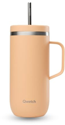 QWETCH - Cold Cup 600ml avec Poignée et Paille - 24h Glacé & 12h Froid - Abricot - Gourde Isotherme en Inox, Tasse Thermos Café