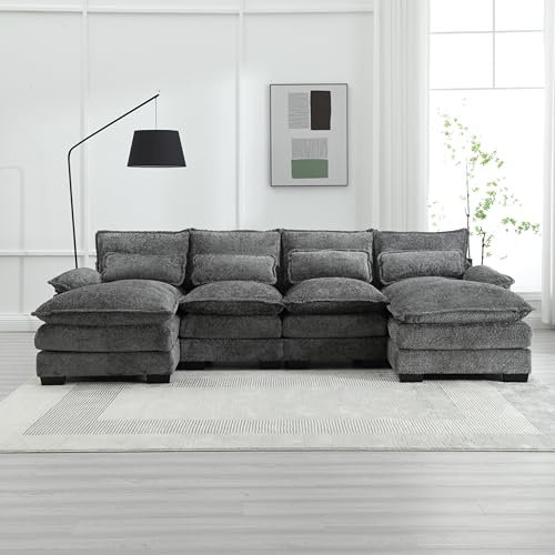 AUKWIK U-Form Sofa mit Schlaffunktion Couch, 4 Sitzer Ecksofa aus Chenille mit doppelten Liegesitzen, Wohnzimmer Sektionssofa mit 4 Lendenkissen, Grau