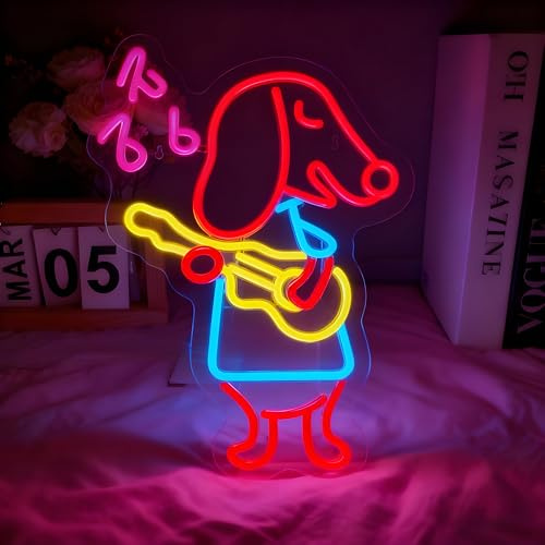 Hund Neon Schild, LED Dackel Guitar Neon Sign für Wand Deko, Dimmbare Dog Neonlichter USB Power für Spielzimmer Schlafzimmer Männ Höhle Bar Pub Club Music Studio Party