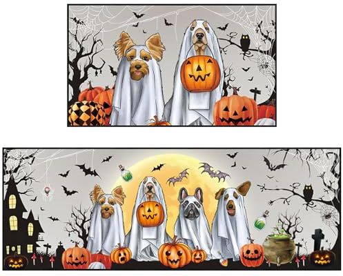 Valicaer 2Pcs Halloween Doormat,Indoor Outdoor Doormat Funny Horror Nonslip Rug for Bathroom Entrance Kitchen, Square Halloween Door Mat Decorations, Anti-Slip Floor Carpet (Halloween Dog （Medium）)
