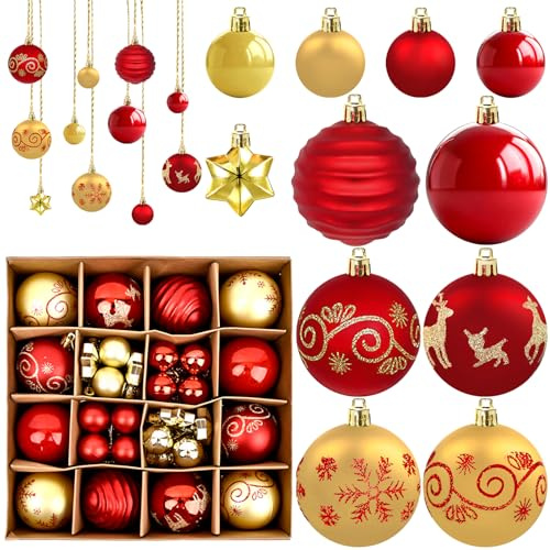 Palline di Natale INSPUTOL, 44 pezzi rosse e dorate, ornamenti infrangibili per albero, decorazioni appese interni ed esterni